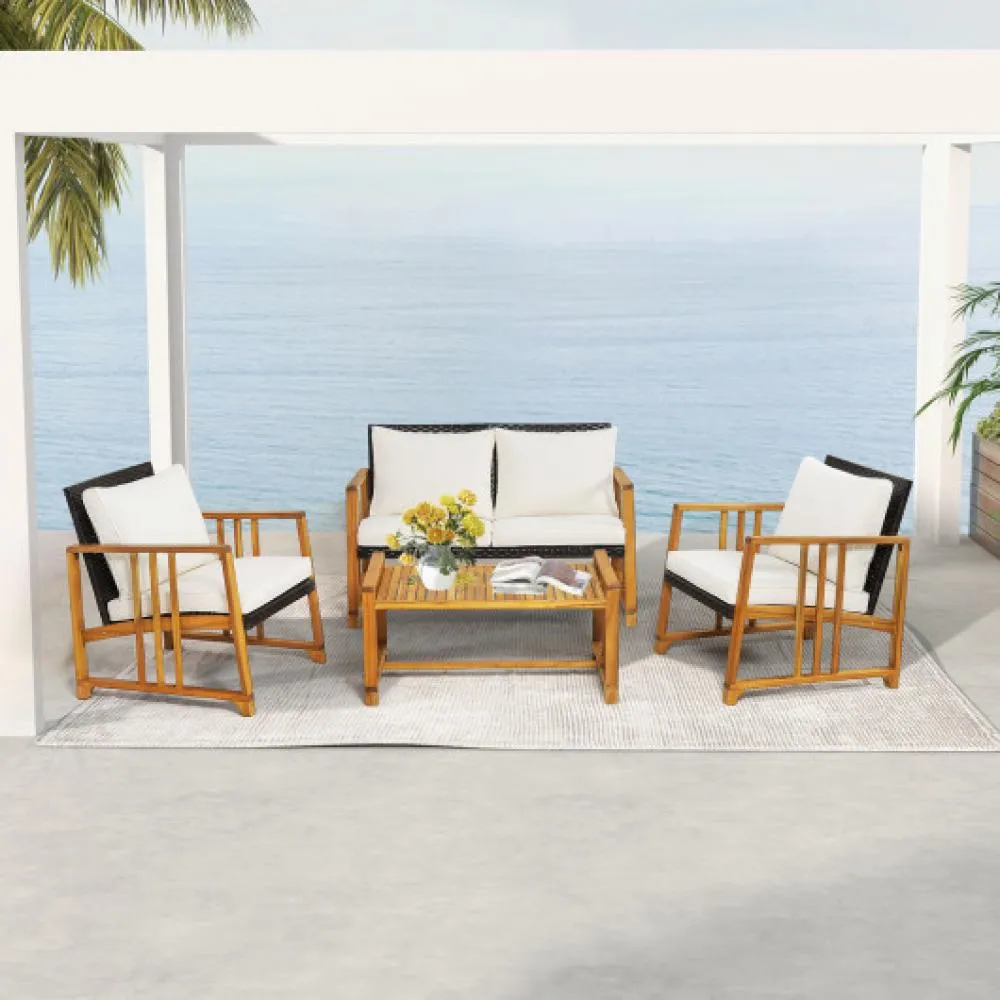 4 Pieces Patio Rattan Conversation Set with Seat and Back Cushions-Off White