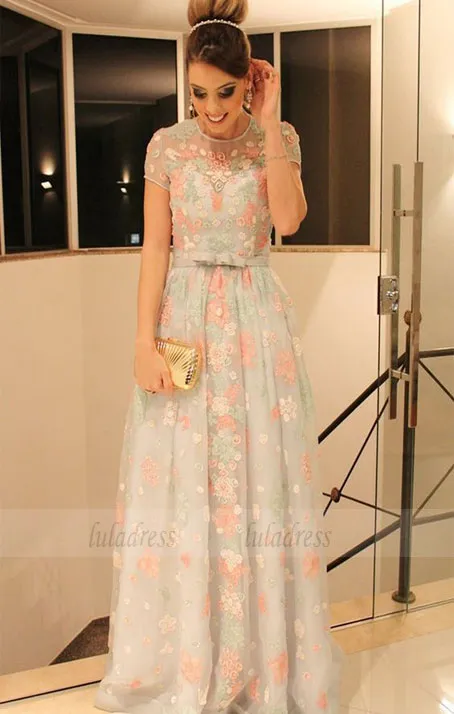 A-Line Jewel Cap Sleeves Sweep Train Mint Lace Prom Dress with Belt,BD98529