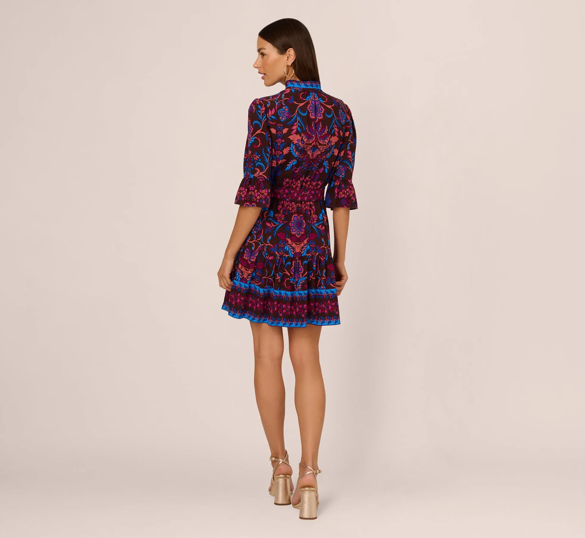 Abstract Print Button Down Dress With Three Quarter Bell Sleeves In Brown Multi