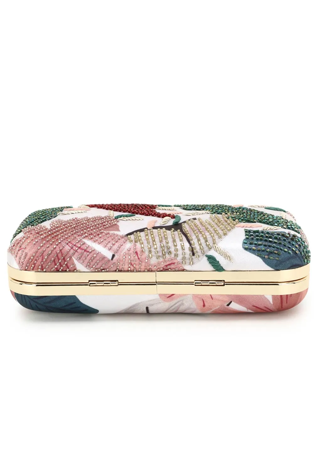 Adorn White & Multi Printed & Embellished Satin Clutch