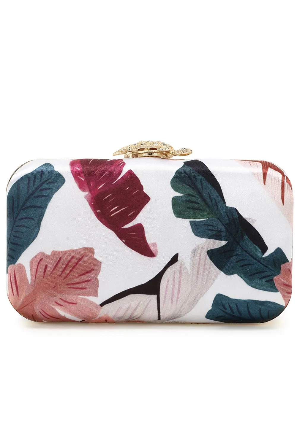 Adorn White & Multi Printed & Embellished Satin Clutch