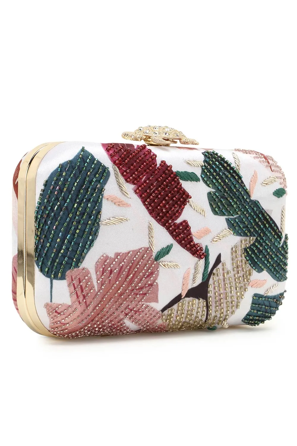 Adorn White & Multi Printed & Embellished Satin Clutch