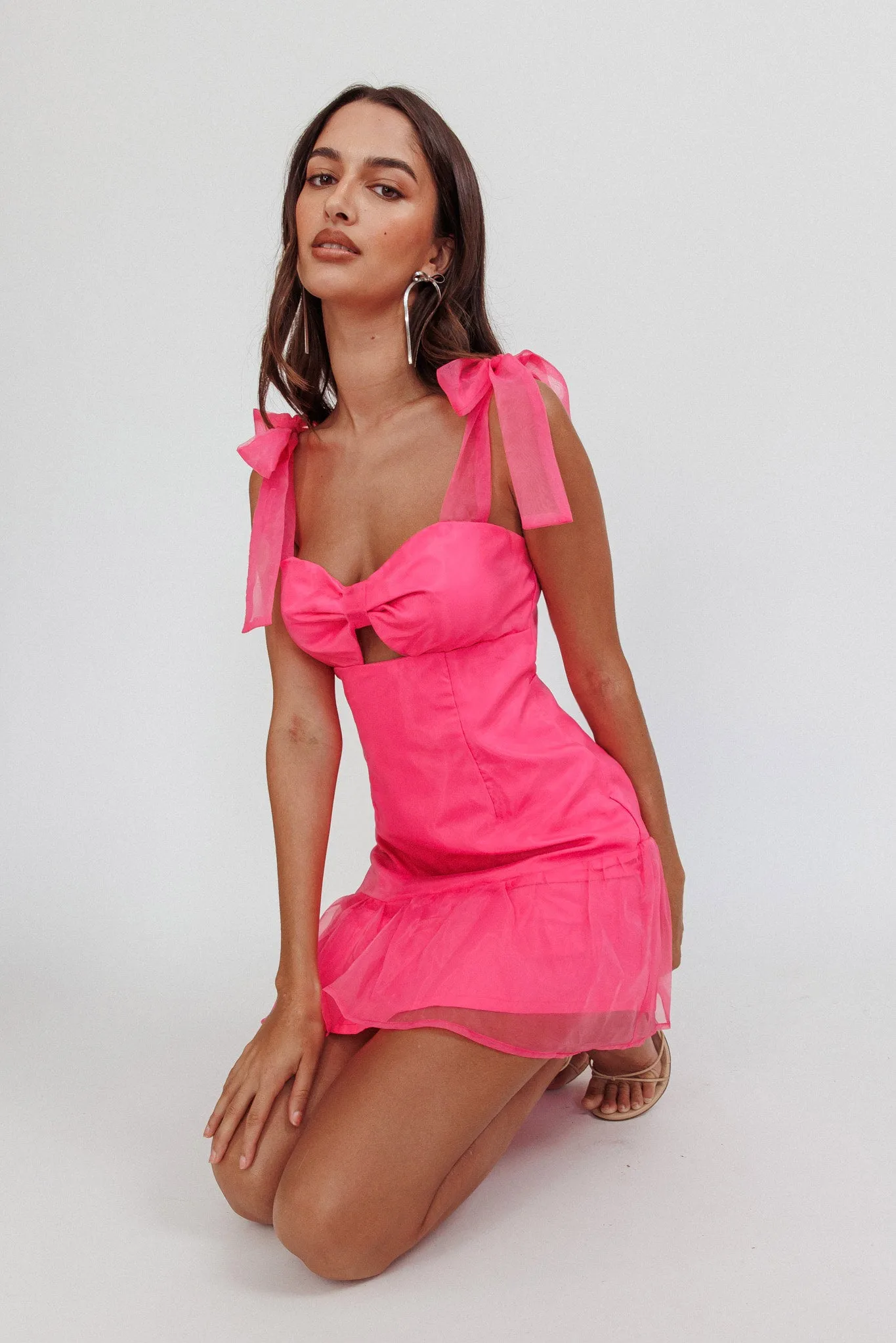 Alexia Bow Shoulder Ruffle Hem Mini Dress Hot Pink