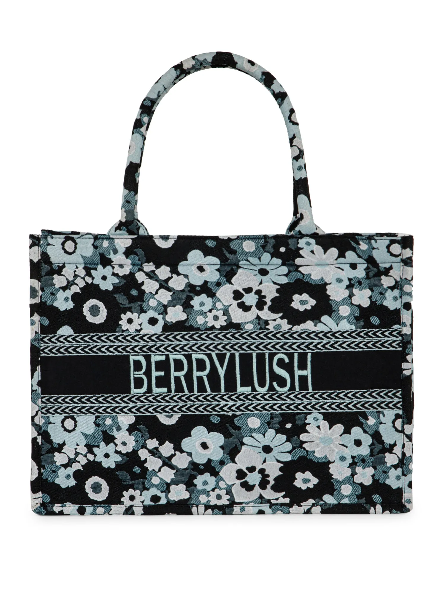 Berrylush Women Black & White Floral Printed Polyester Zipper-Up Embroidered Tote Bag