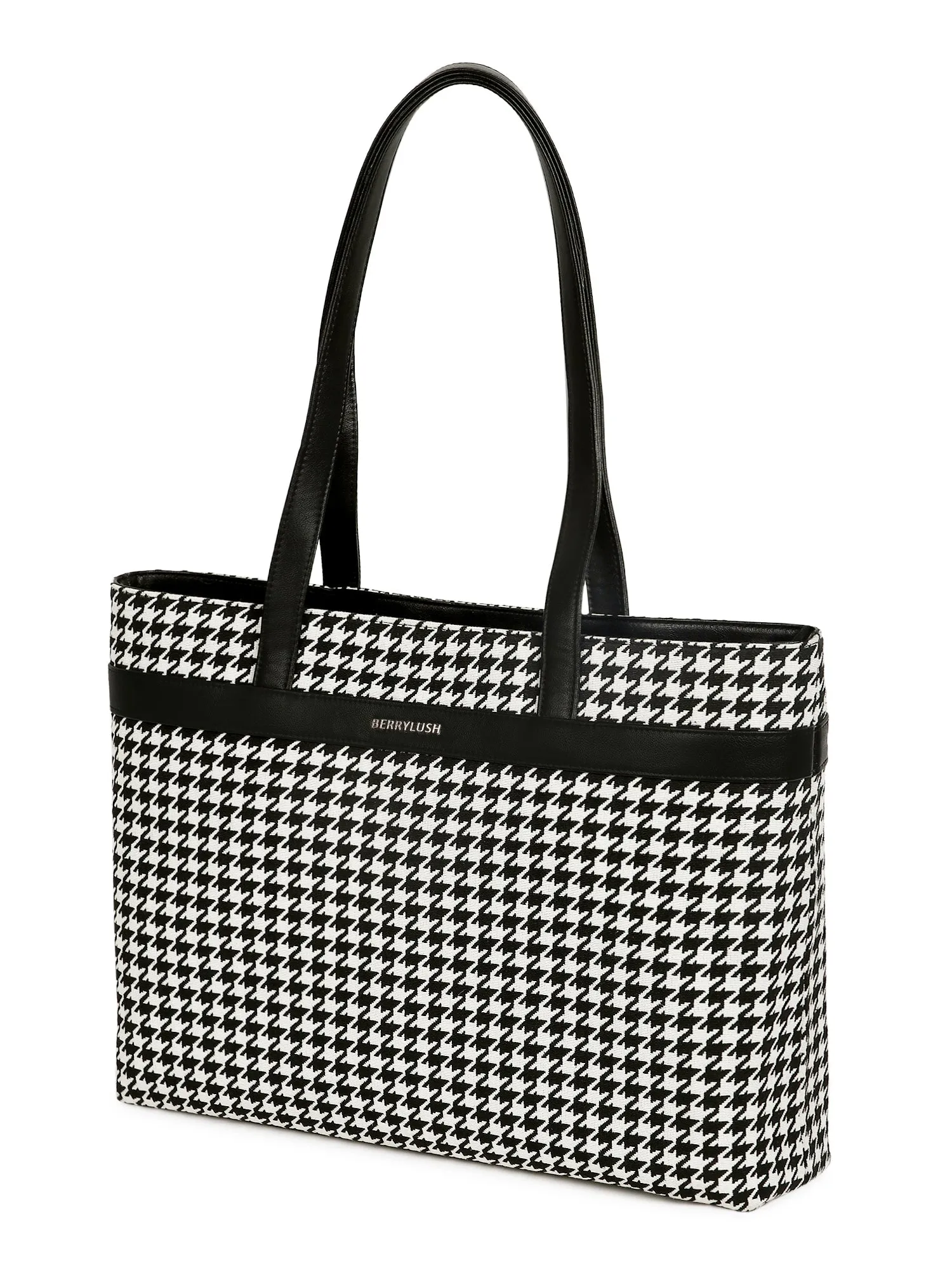 Berrylush Women Black & White Geometric Printed Polyester Zipper-Up Regular Laptop Bag