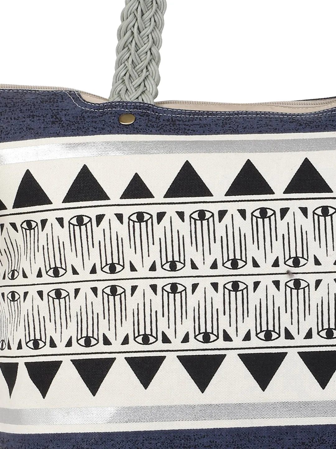 Berrylush Women Blue & White Ethnic Motifs Printed Canvas Zipper-Up Regular Tote Bag