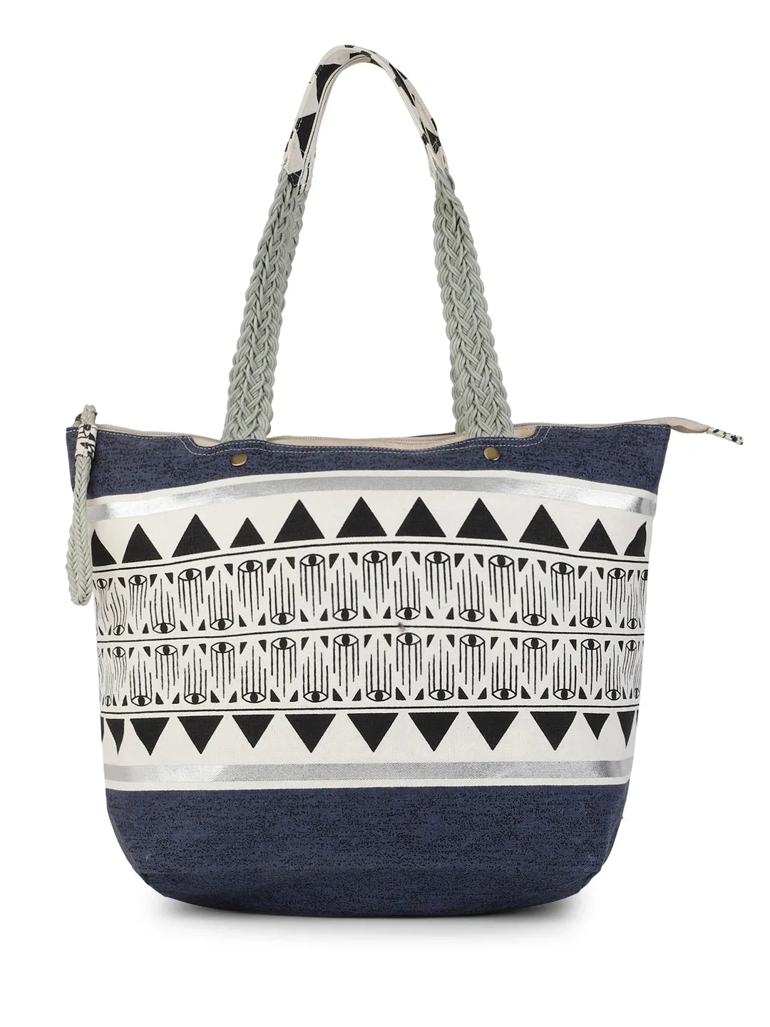 Berrylush Women Blue & White Ethnic Motifs Printed Canvas Zipper-Up Regular Tote Bag