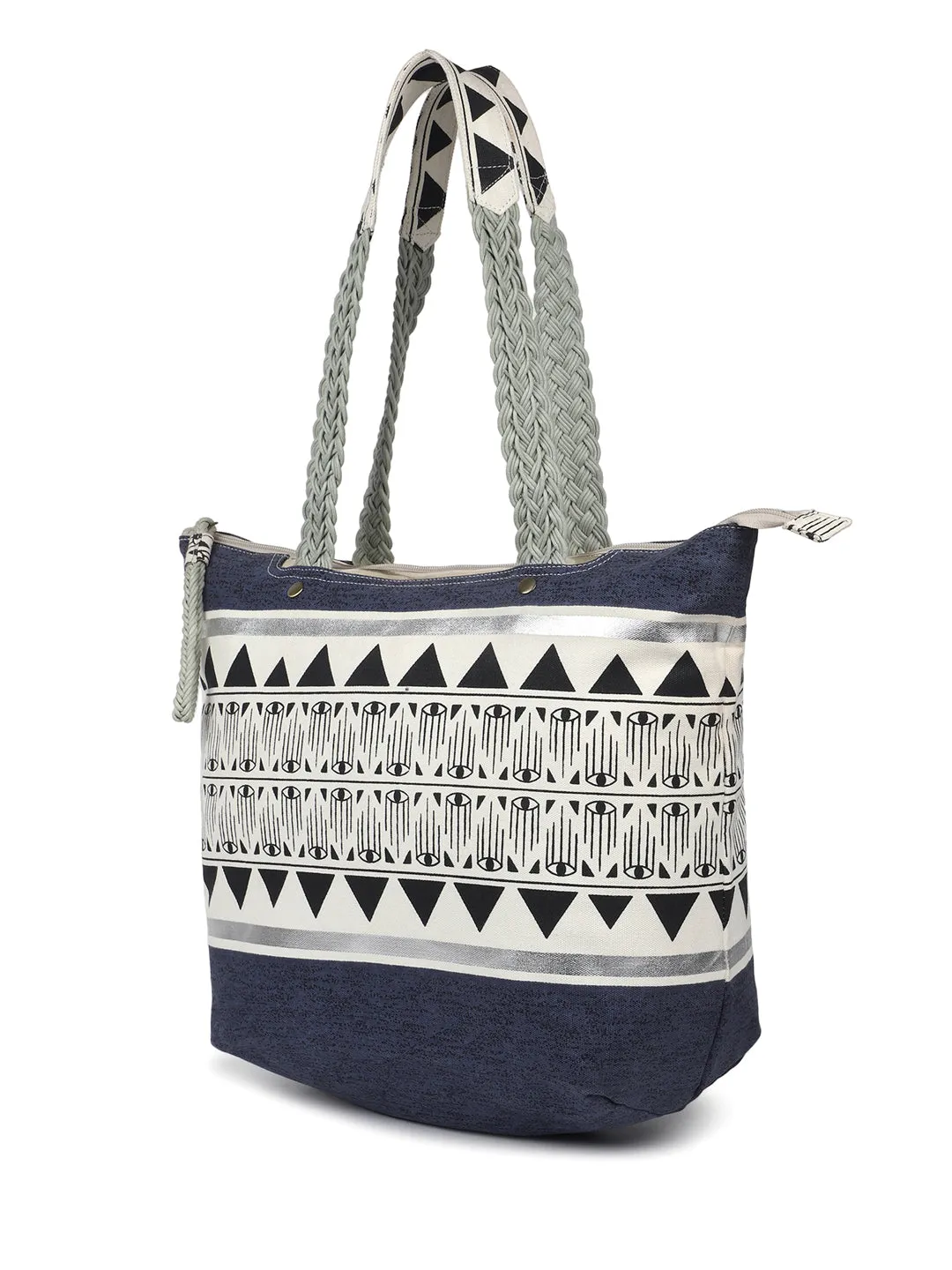 Berrylush Women Blue & White Ethnic Motifs Printed Canvas Zipper-Up Regular Tote Bag