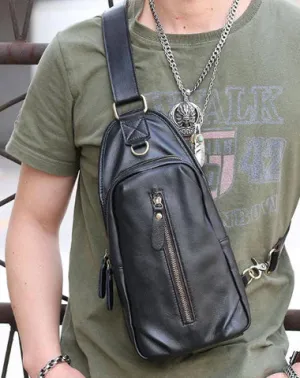 Black Cool Leather Mens Sling Bag Chest Bag Black One Shoulder Backpack For Men