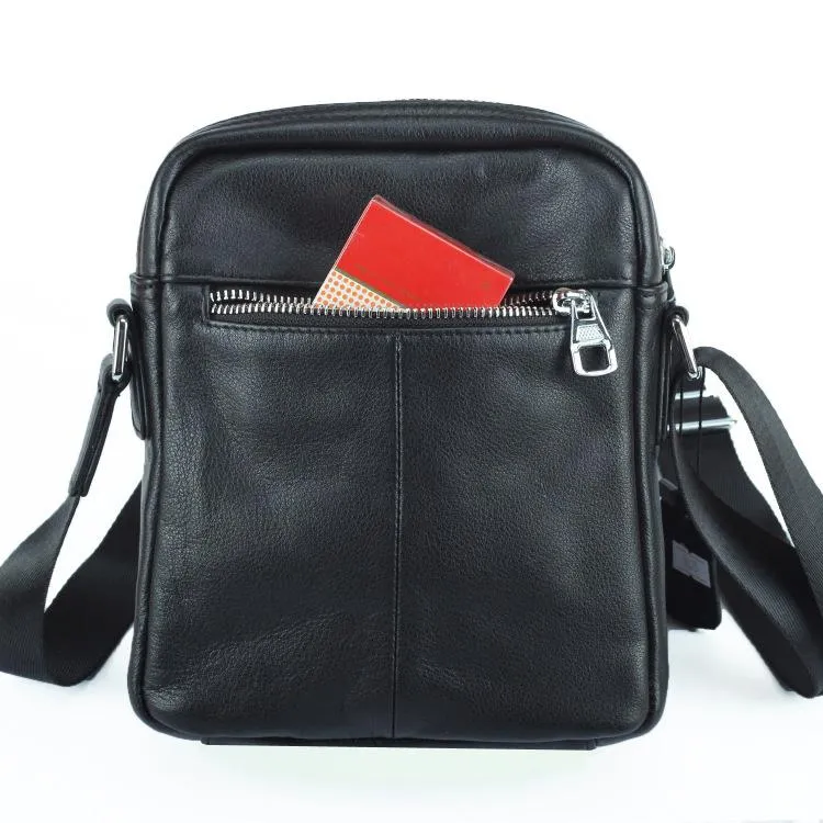 Black LEATHER MENS 8-inch Phone Small Vertical Side Bag Black COURIER BAG MESSENGER BAG FOR MEN