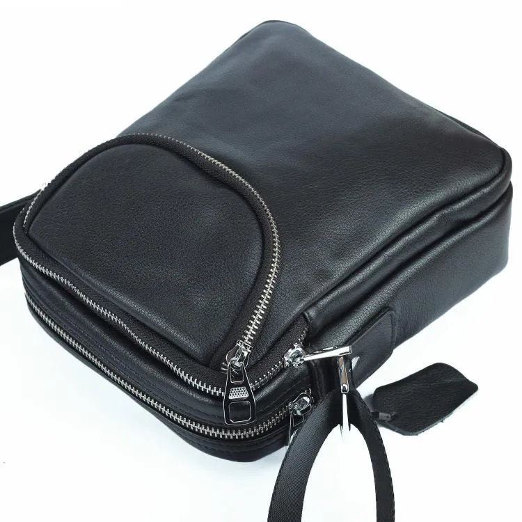 Black LEATHER MENS 8-inch Phone Small Vertical Side Bag Black COURIER BAG MESSENGER BAG FOR MEN