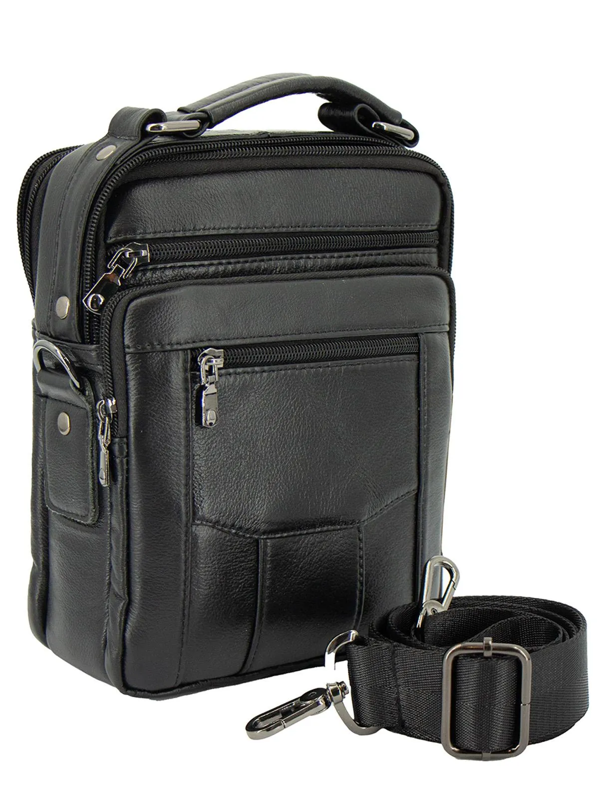 Black Leather Men's Multi Pocket Crossbody Bag