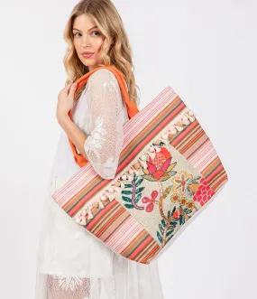 Boho Flower Print Fringe Pom Pom Tote Bag