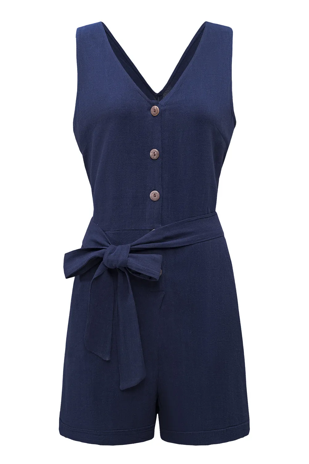 Casual Blue Button V Neck Sleeveless Romper with Belt