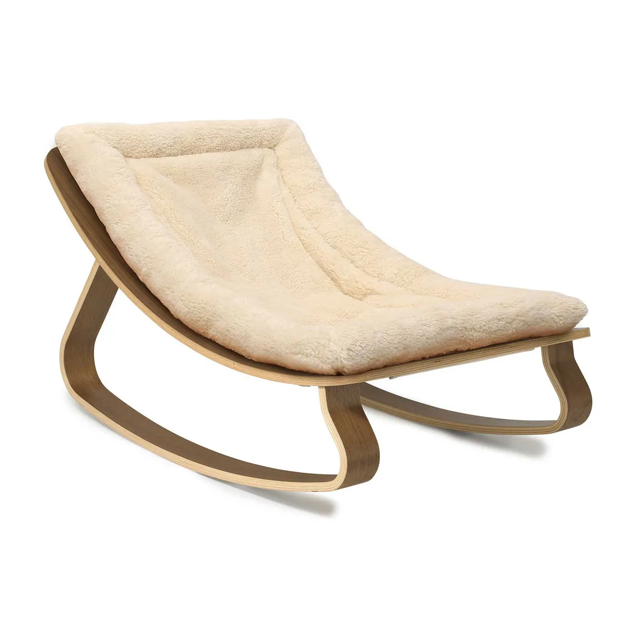 Charlie Crane Levo Baby Rocker in Walnut with Fur Milk Cushion