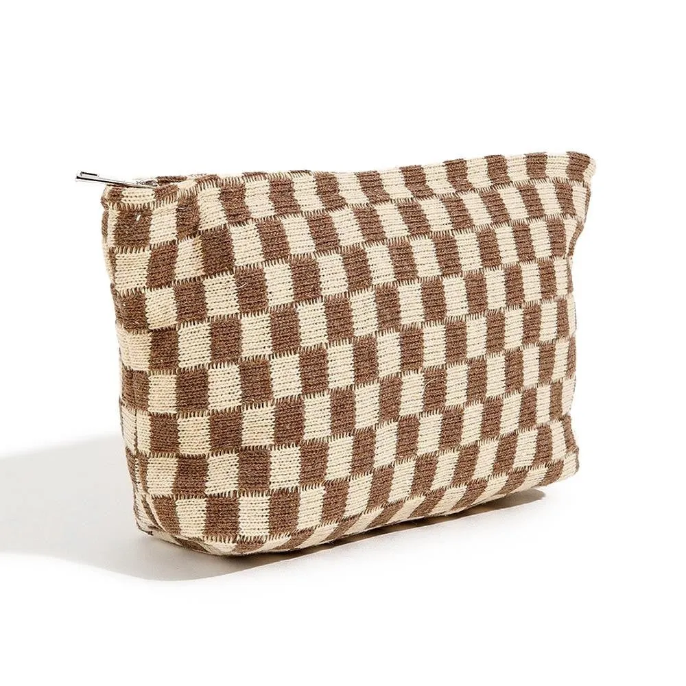 Checkered Zipper Pouch, Brown