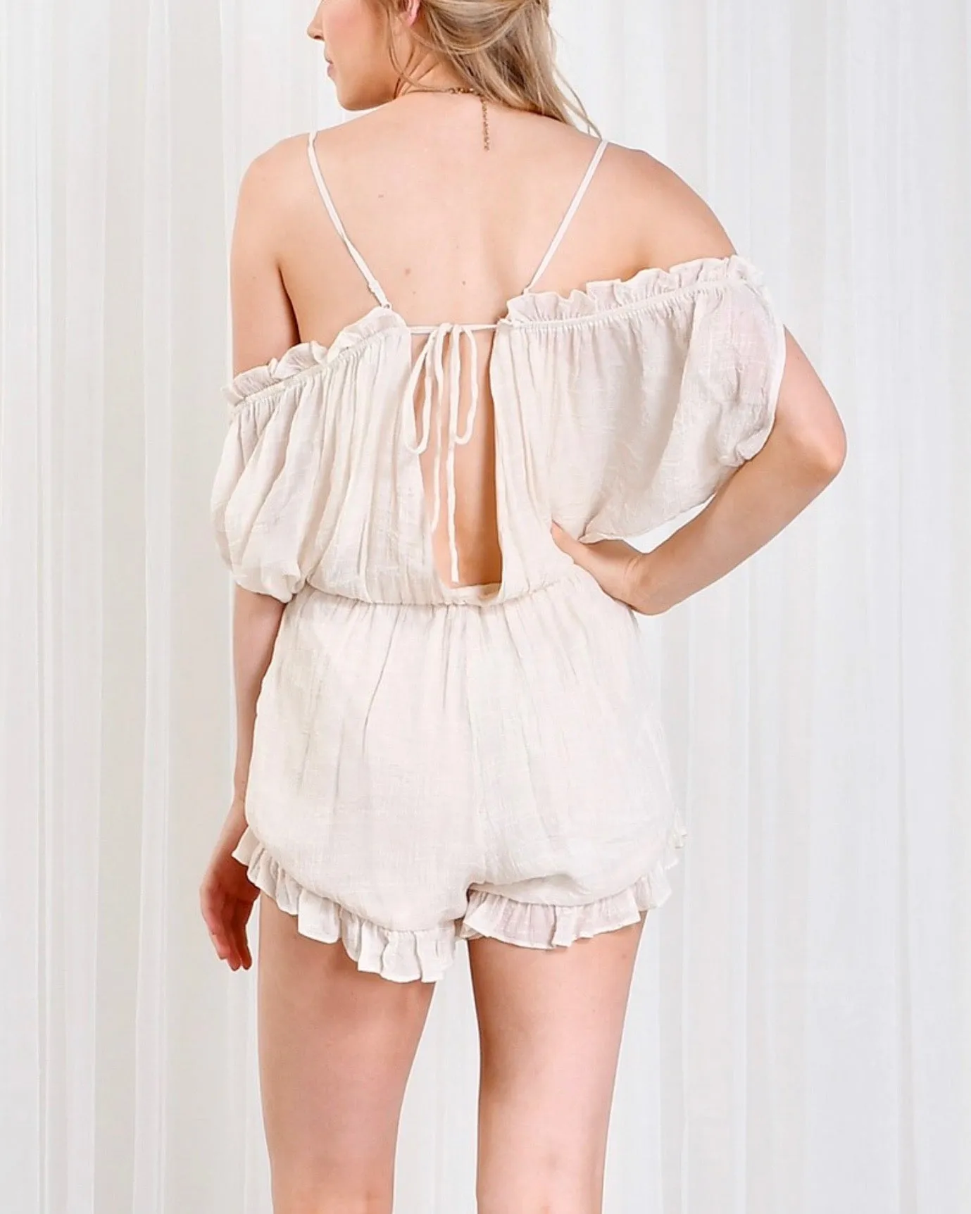 Crinkled Peek-a-Boo Shoulder Romper with Ruffle Hem - More Colors