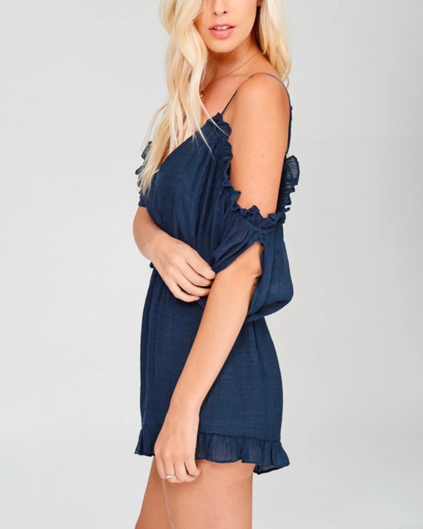 Crinkled Peek-a-Boo Shoulder Romper with Ruffle Hem - More Colors