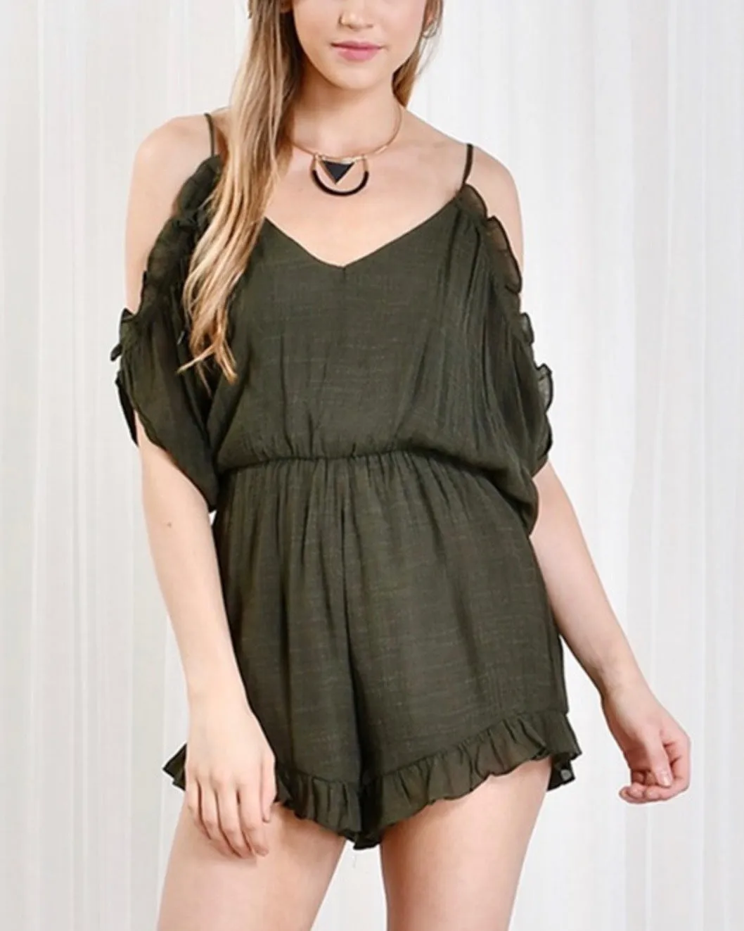 Crinkled Peek-a-Boo Shoulder Romper with Ruffle Hem - More Colors