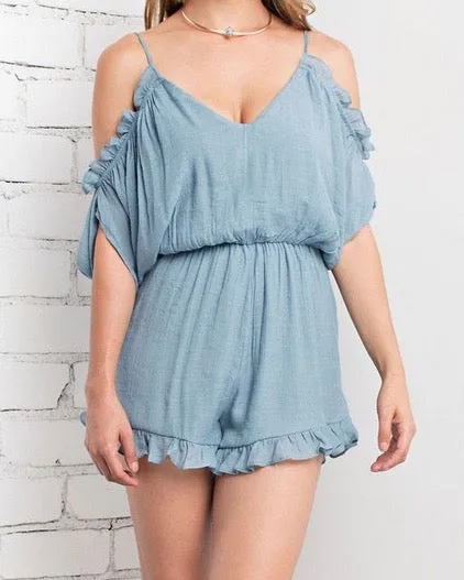 Crinkled Peek-a-Boo Shoulder Romper with Ruffle Hem - More Colors