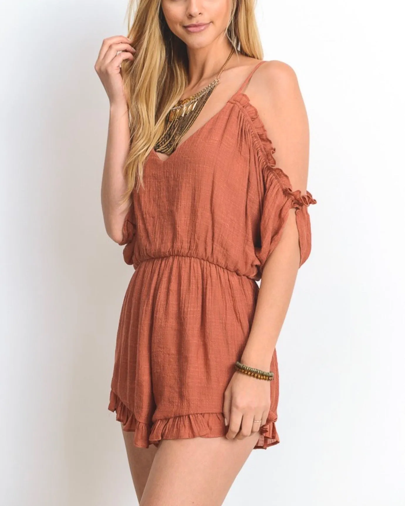 Crinkled Peek-a-Boo Shoulder Romper with Ruffle Hem - More Colors