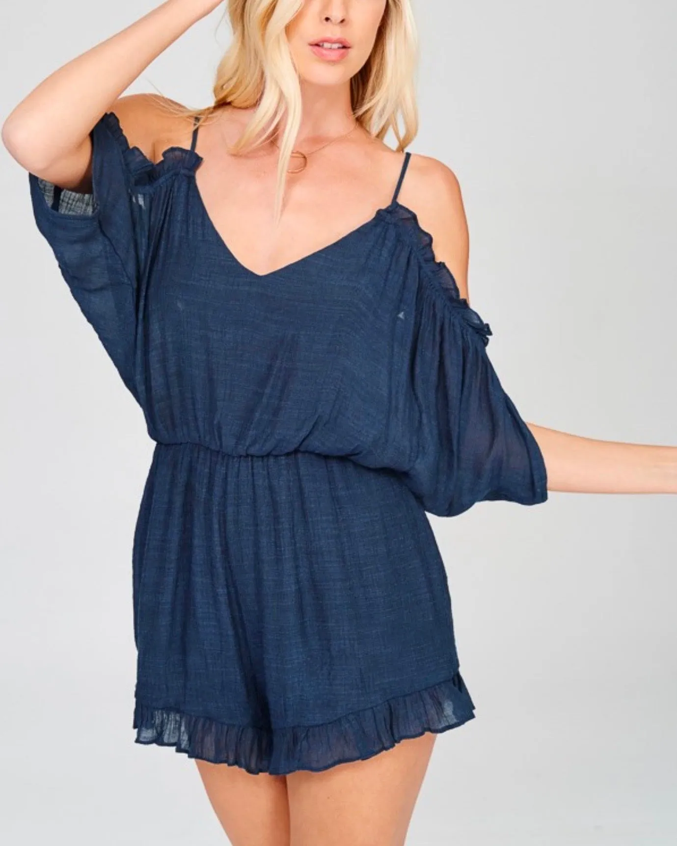 Crinkled Peek-a-Boo Shoulder Romper with Ruffle Hem - More Colors