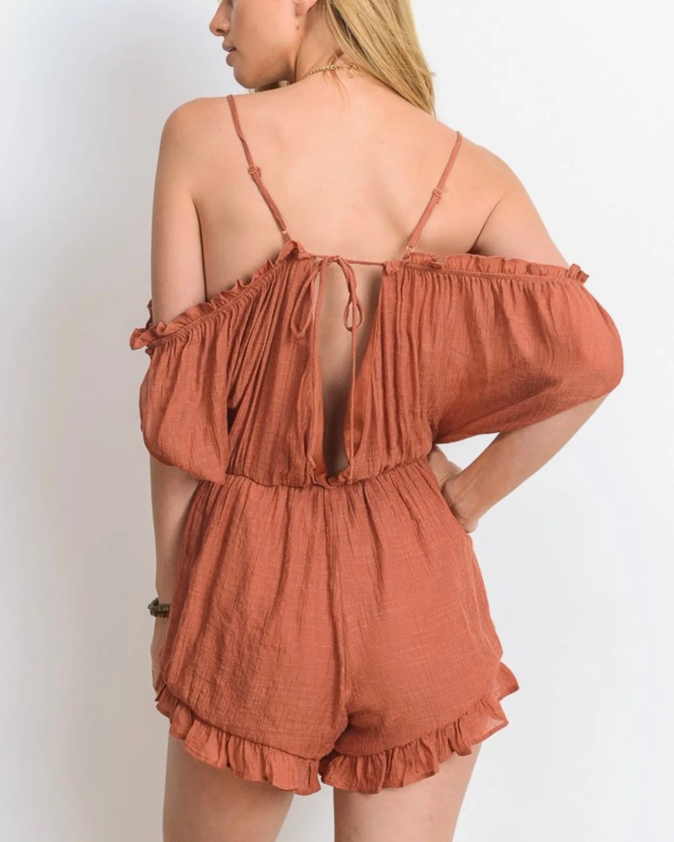 Crinkled Peek-a-Boo Shoulder Romper with Ruffle Hem - More Colors