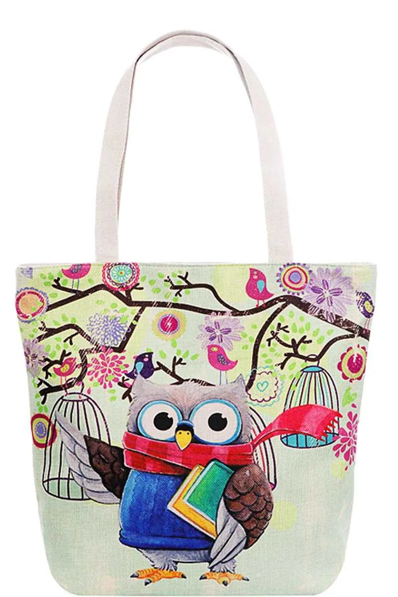 Cute Owl Print Canvas Tote Bag