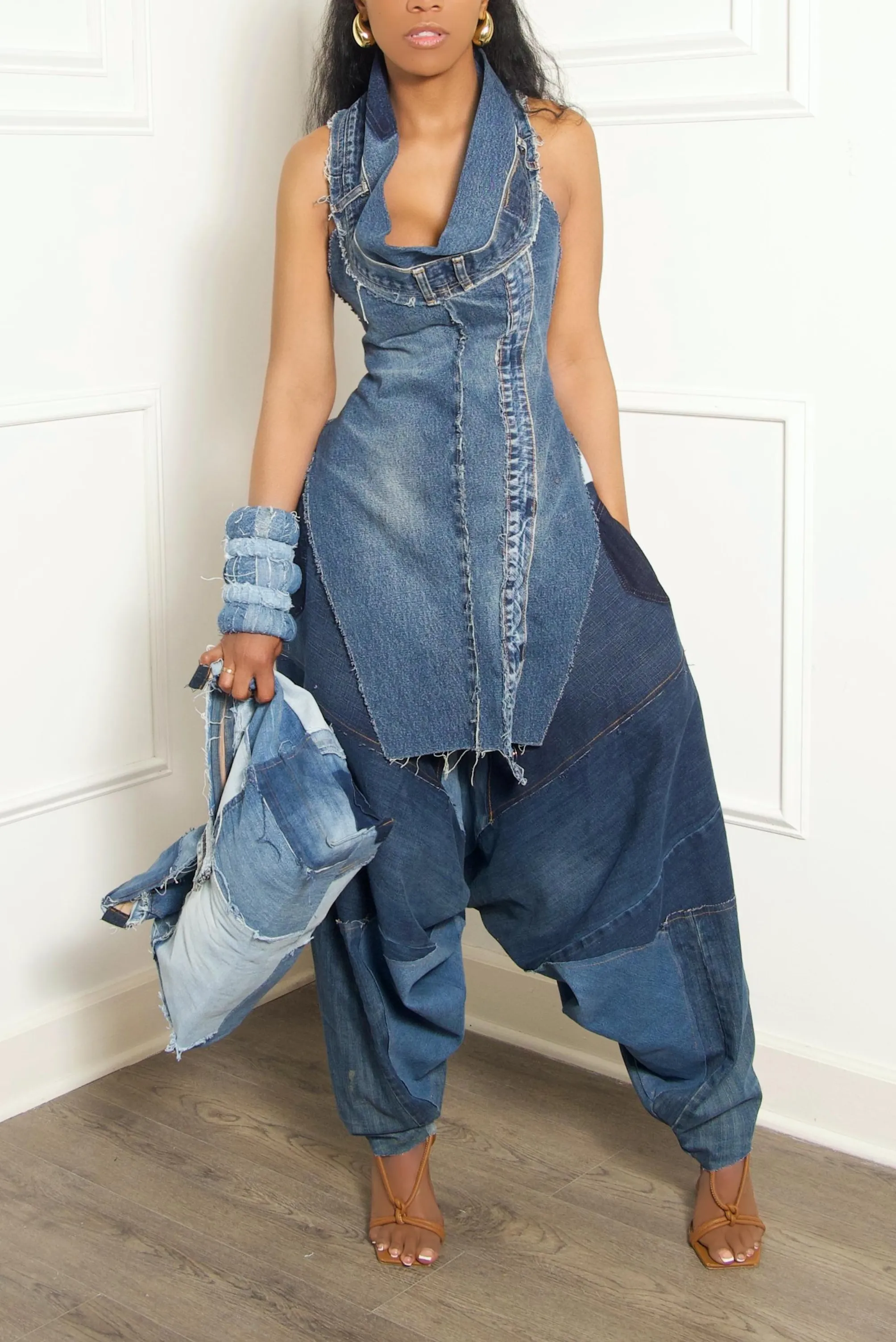 Denim patch work Dungaree hook oversized pouch