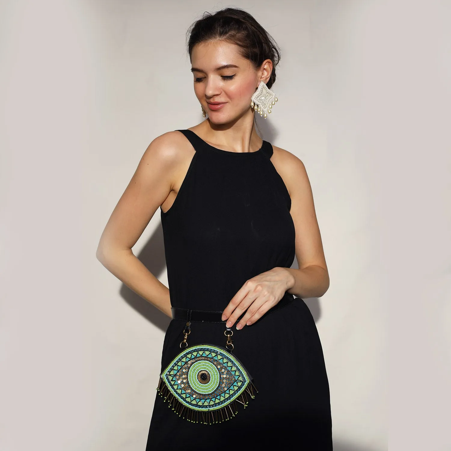 Evil eye round hand embroidered wedding waist belt bag