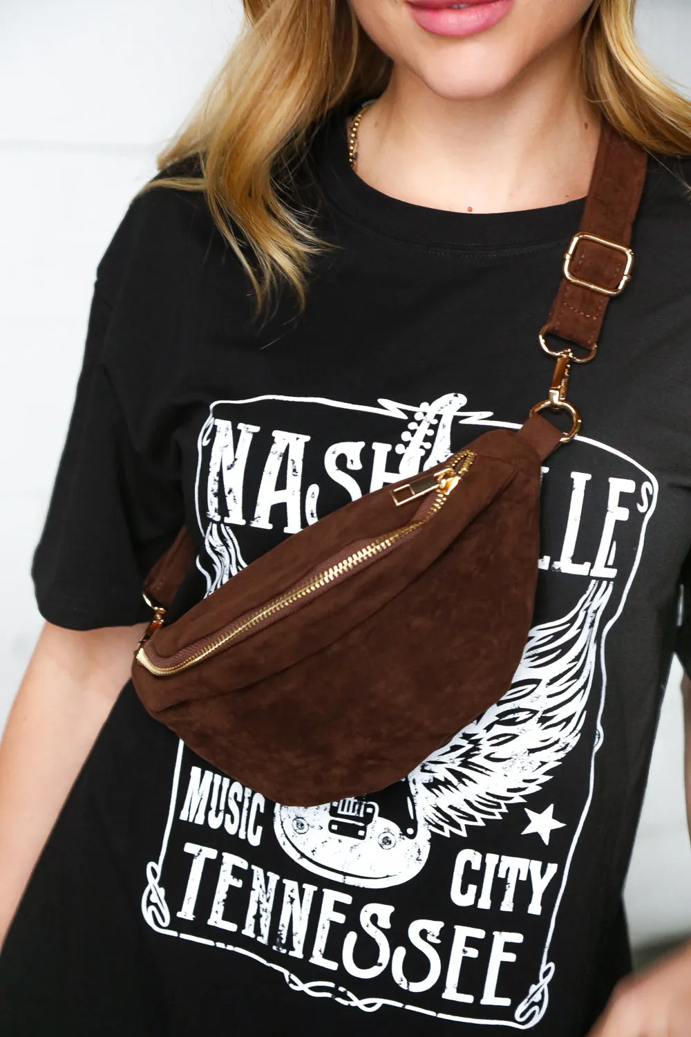 Explore More Collection - Brown Vegan Suede Sling Fringe Fanny Pack/Crossbody