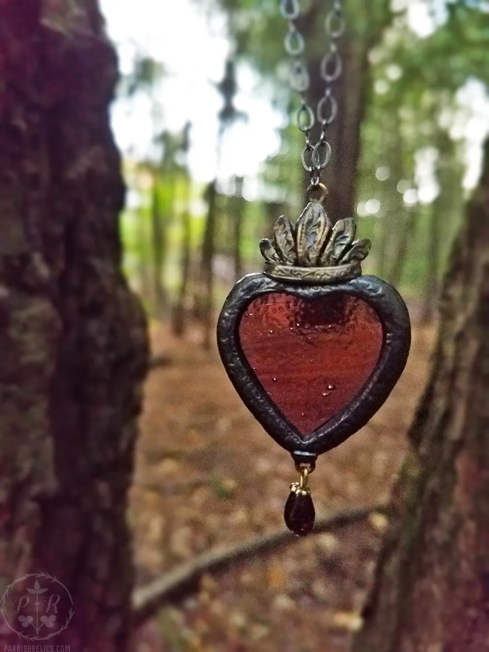 Garnet Sacred Heart ~ Stained Glass Amulet