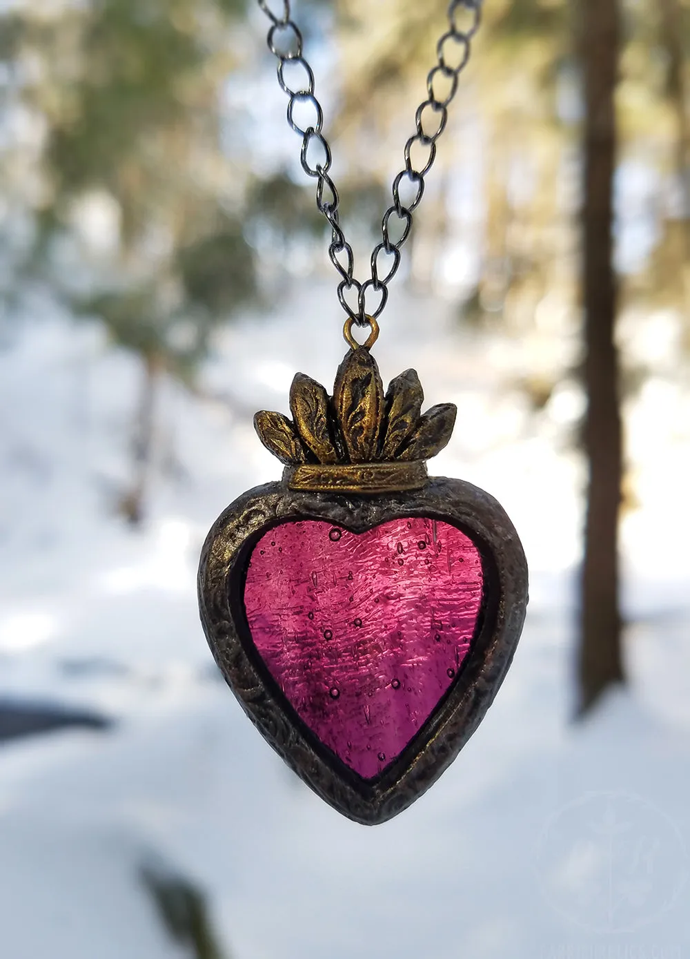 Garnet Sacred Heart ~ Stained Glass Amulet