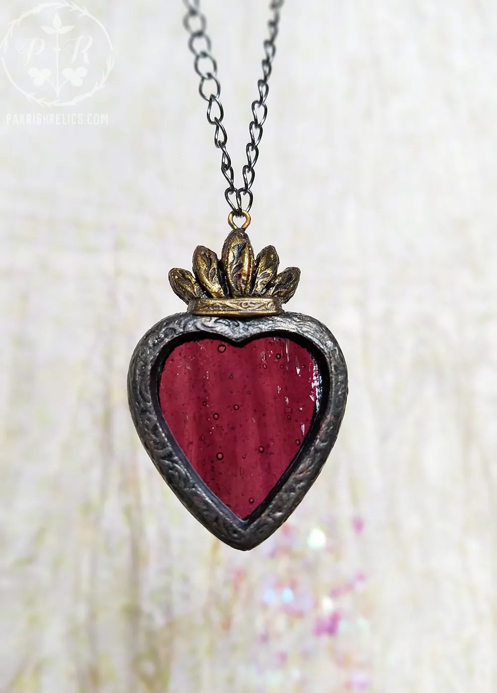 Garnet Sacred Heart ~ Stained Glass Amulet