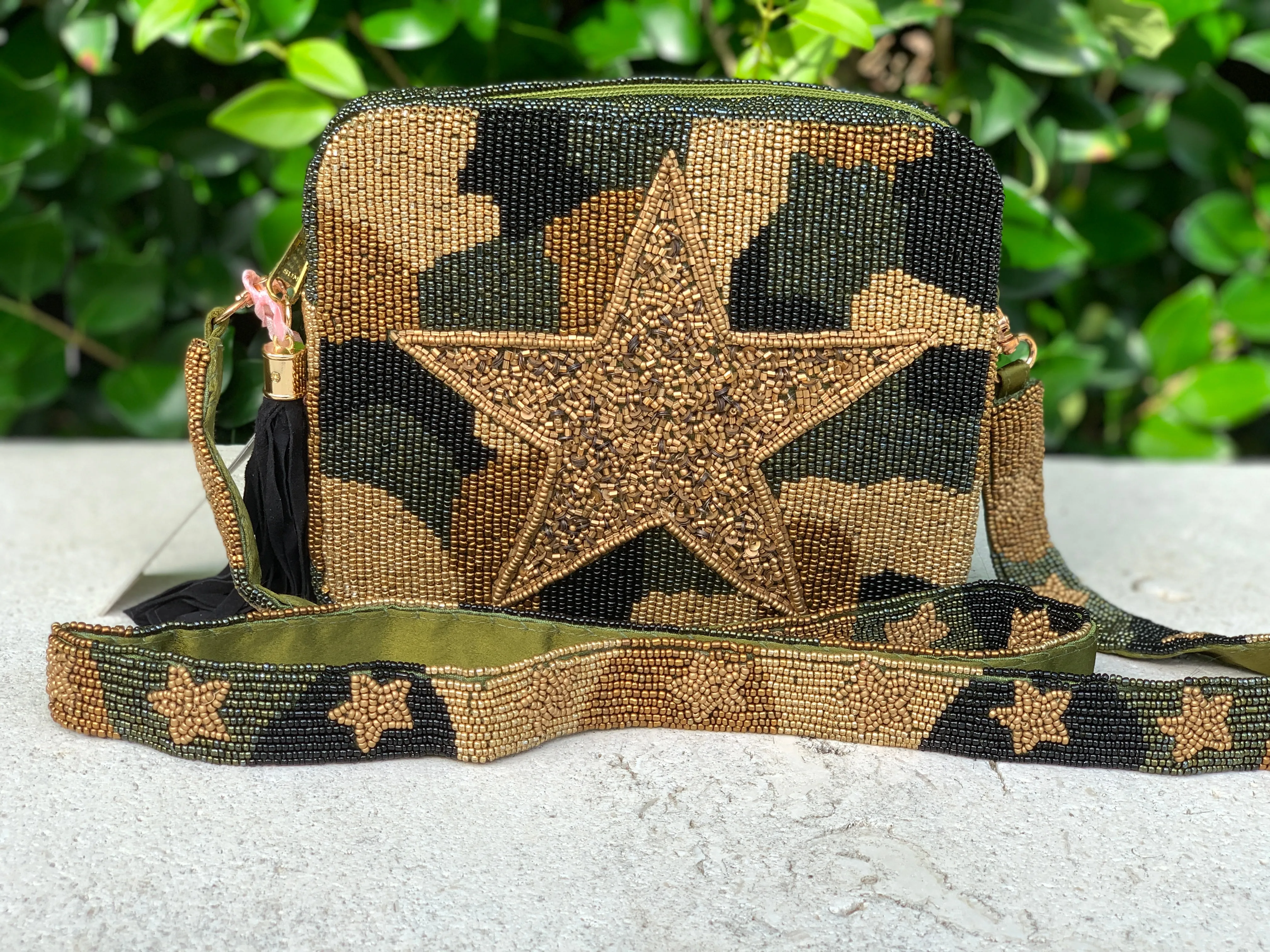 Glamfox - Beige Camo Star Beaded Crossbody [Pre-Order]