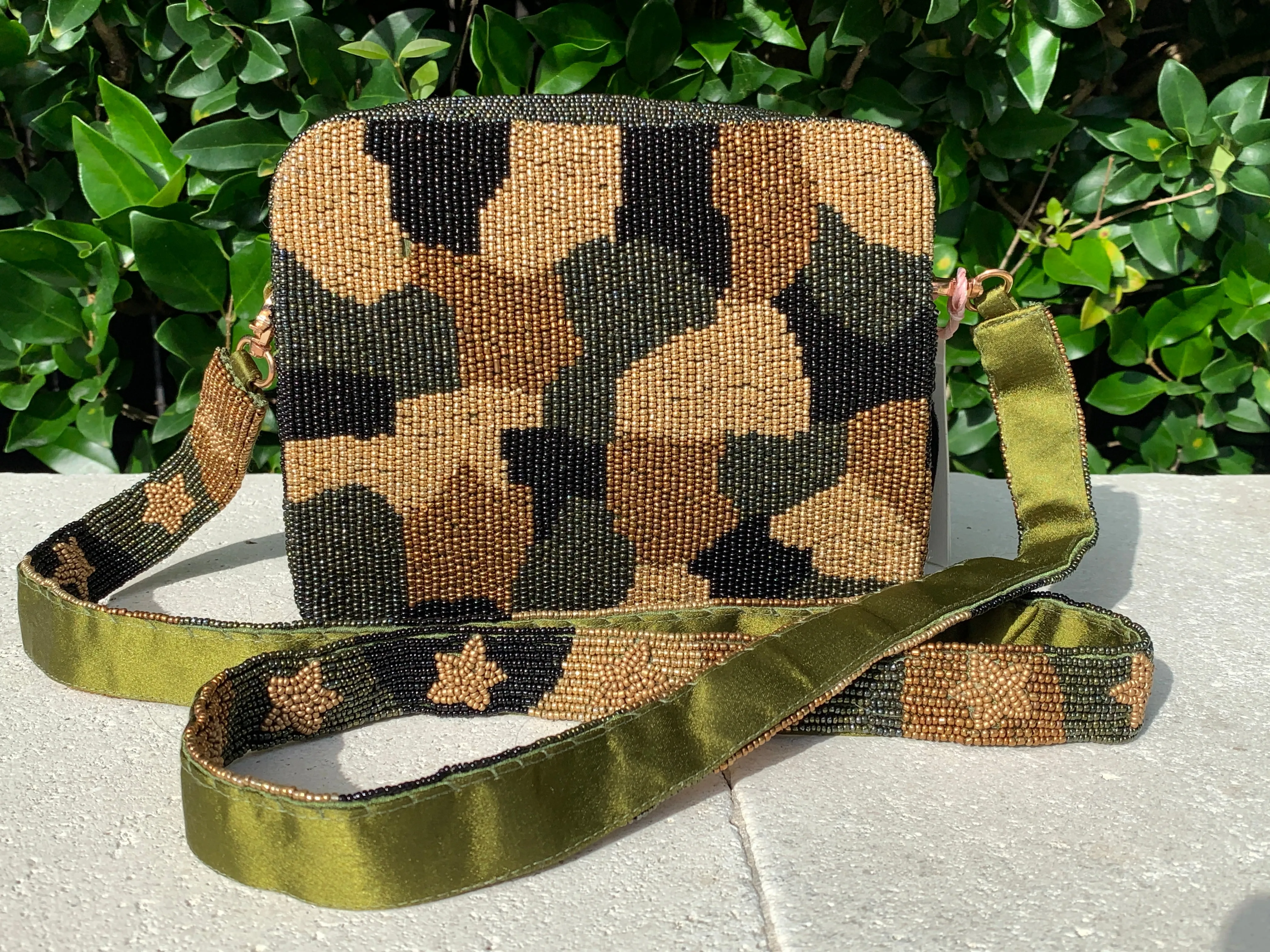 Glamfox - Beige Camo Star Beaded Crossbody [Pre-Order]