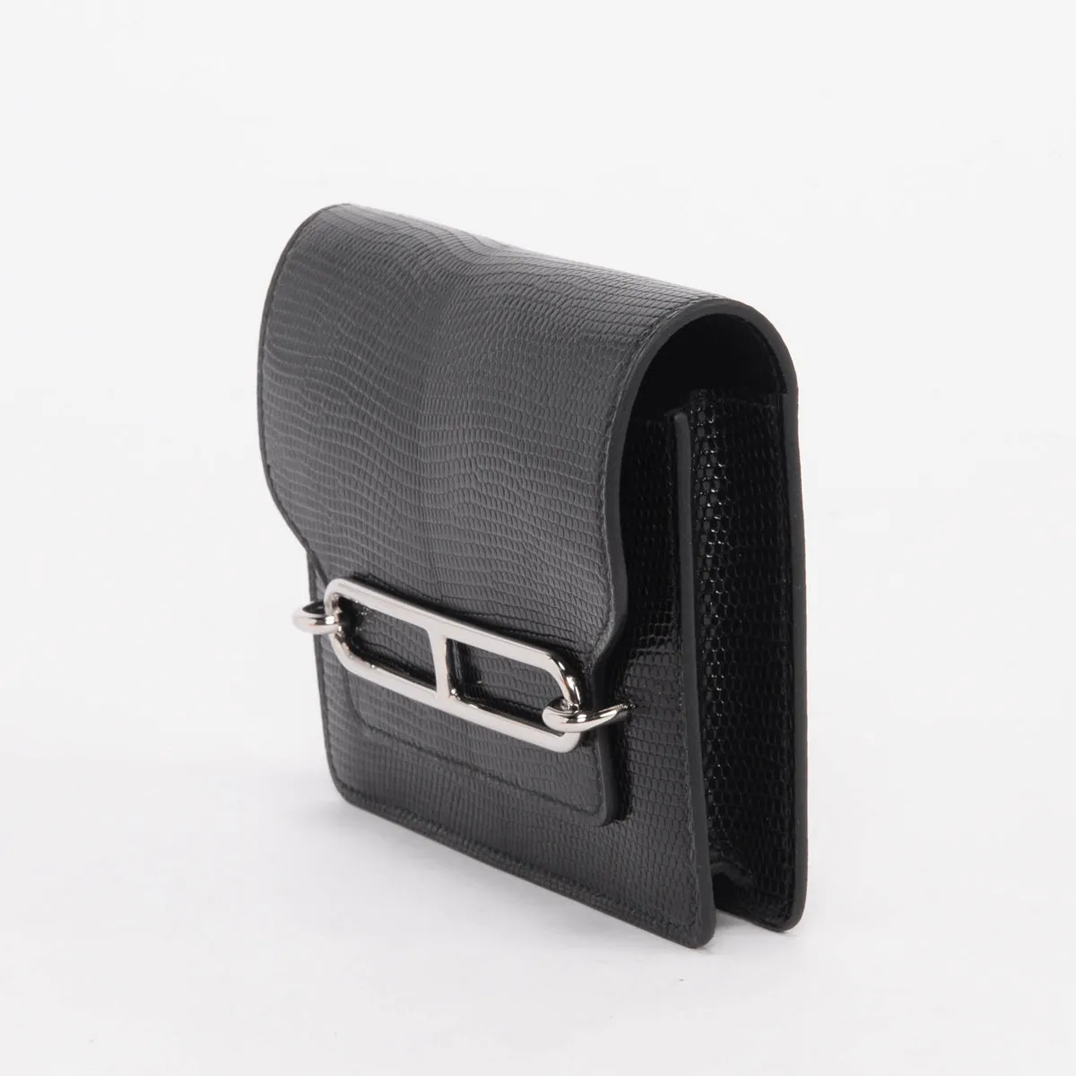 Hermes Noir Shiny Lizard Roulis Slim Wallet