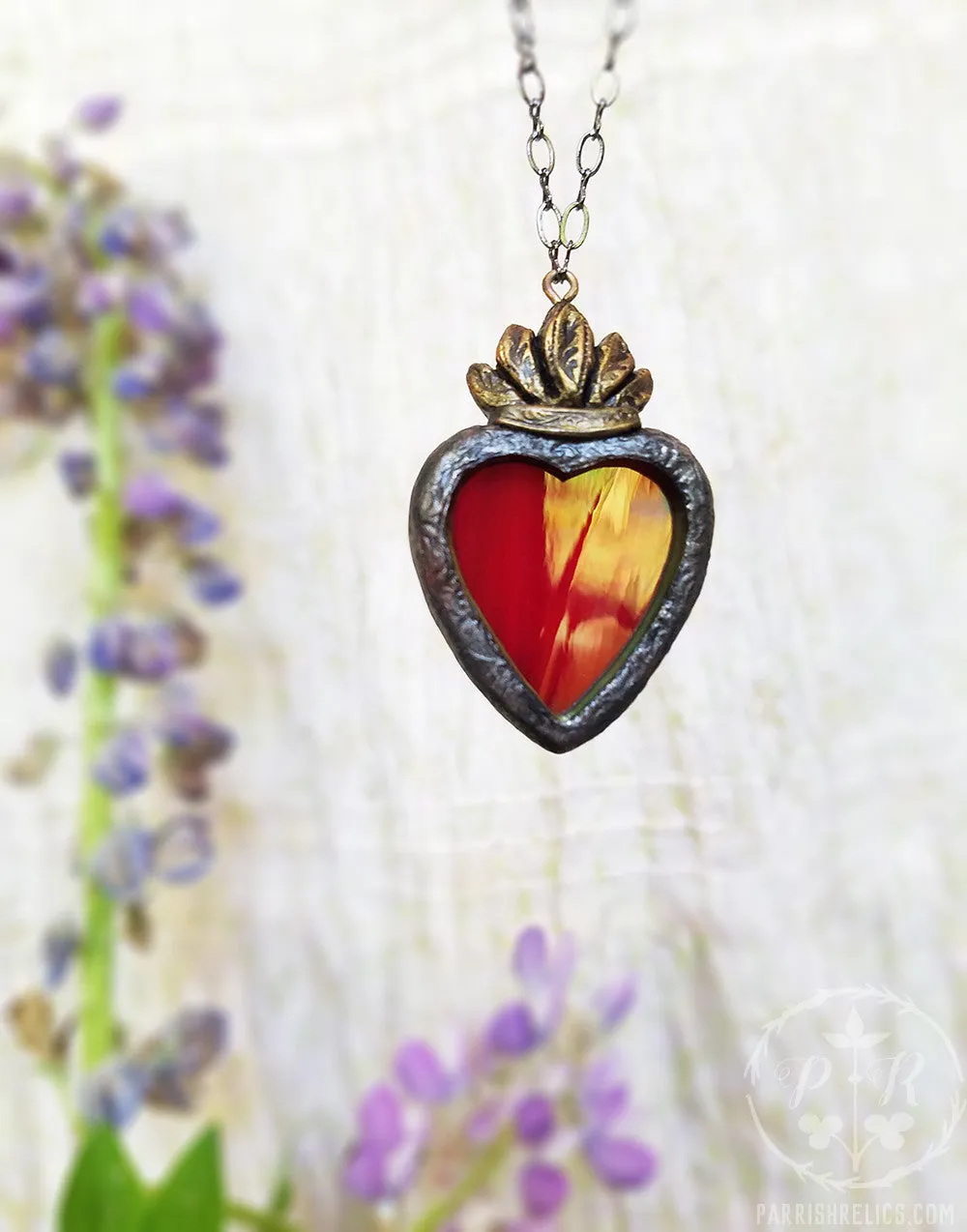 Iridescent Sacred Heart ~ Stained Glass Amulet