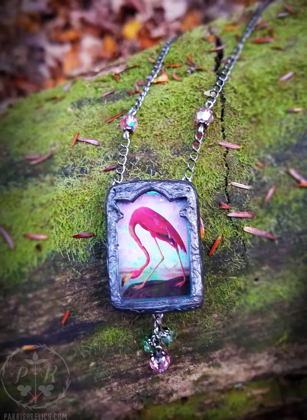 Iridescent Stained Glass Flamingo Pictorial Shrine Amulet