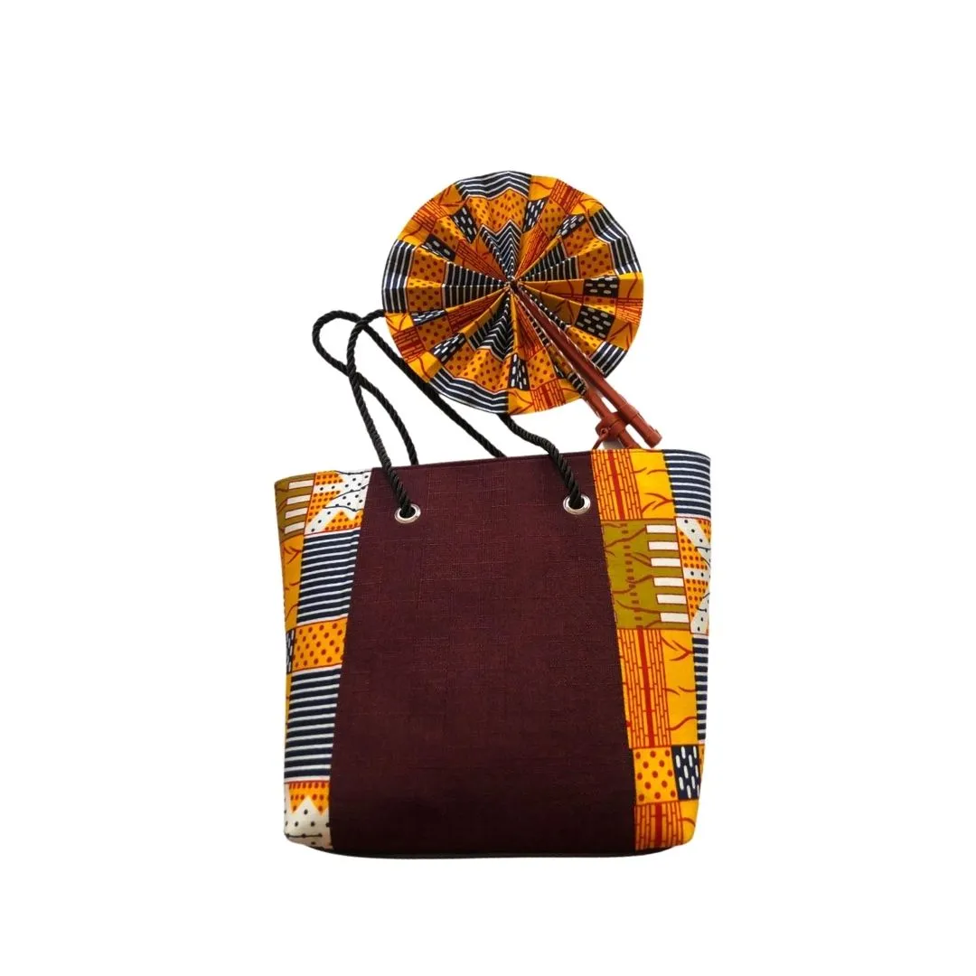 Large Burgundy African Bring Handbag with Assorted Handfan - LBF-15