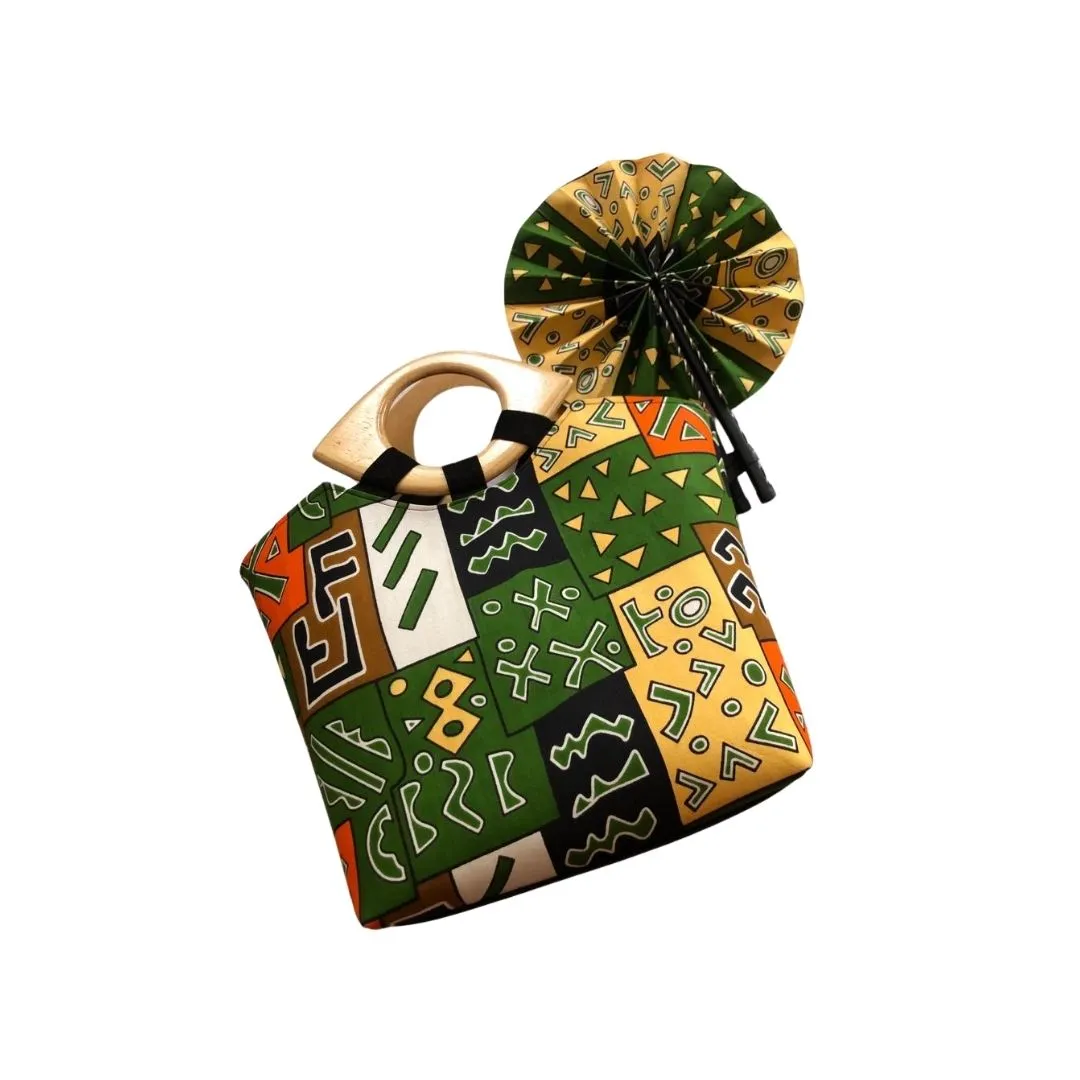 Large Green African Print Handbag with Assorted Handfan - LBF-1