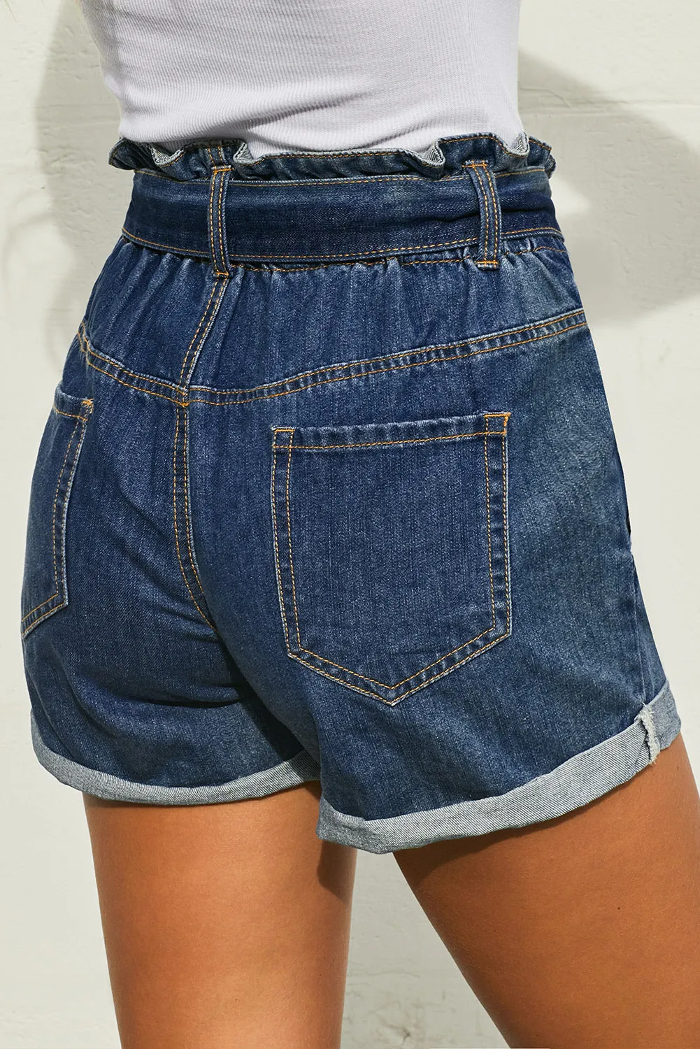 Light Blue Paper Bag Waist Denim Shorts