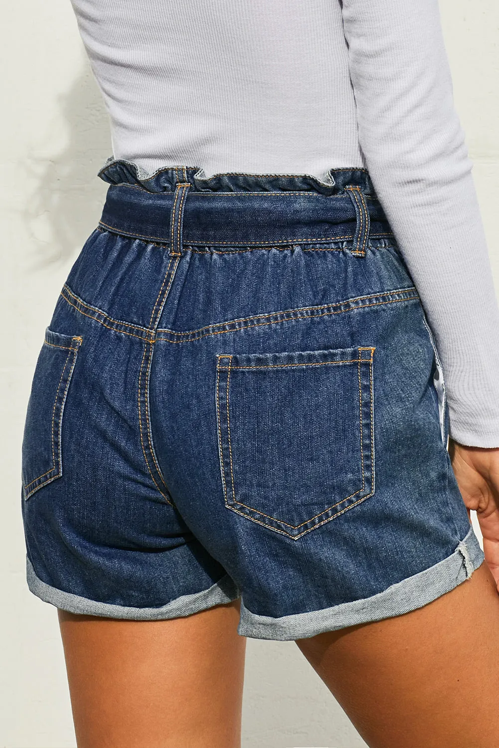 Light Blue Paper Bag Waist Denim Shorts