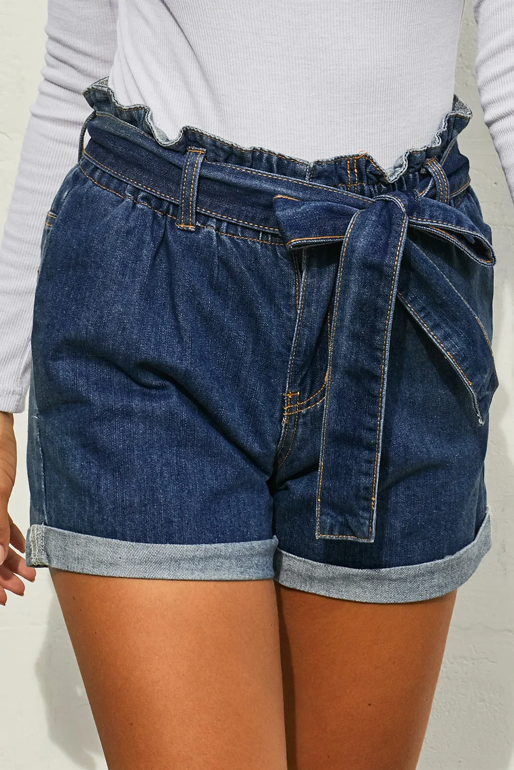 Light Blue Paper Bag Waist Denim Shorts