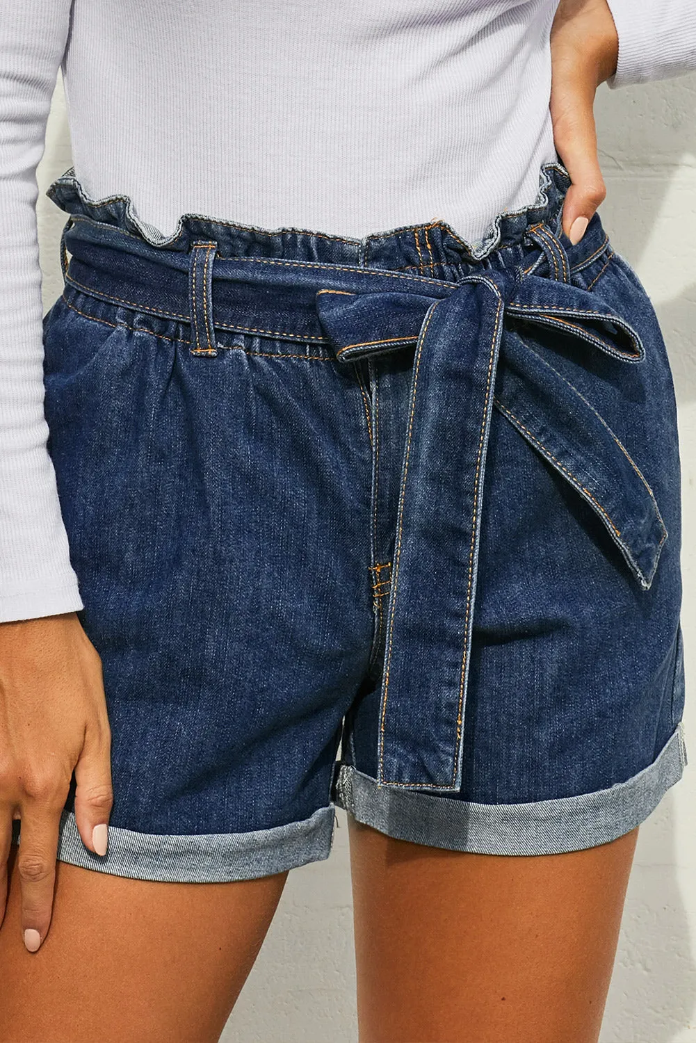 Light Blue Paper Bag Waist Denim Shorts