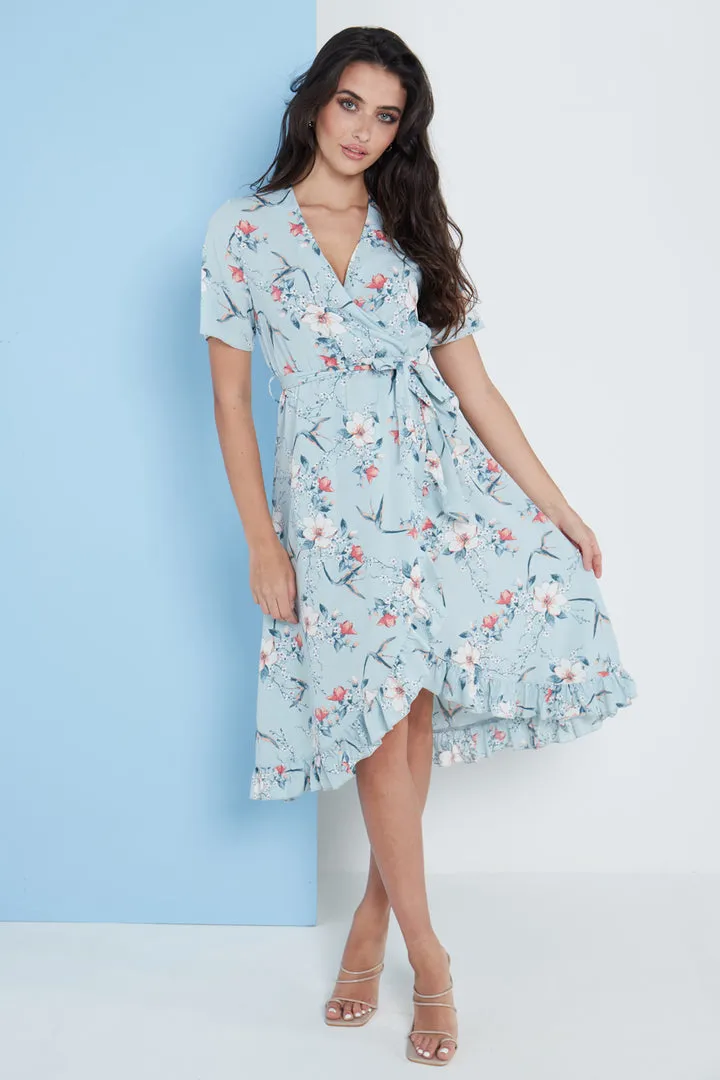 Lilura London Floral Frill Midi Wrap Dress In Blue