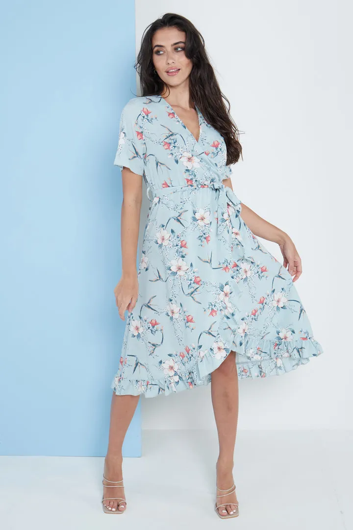 Lilura London Floral Frill Midi Wrap Dress In Blue