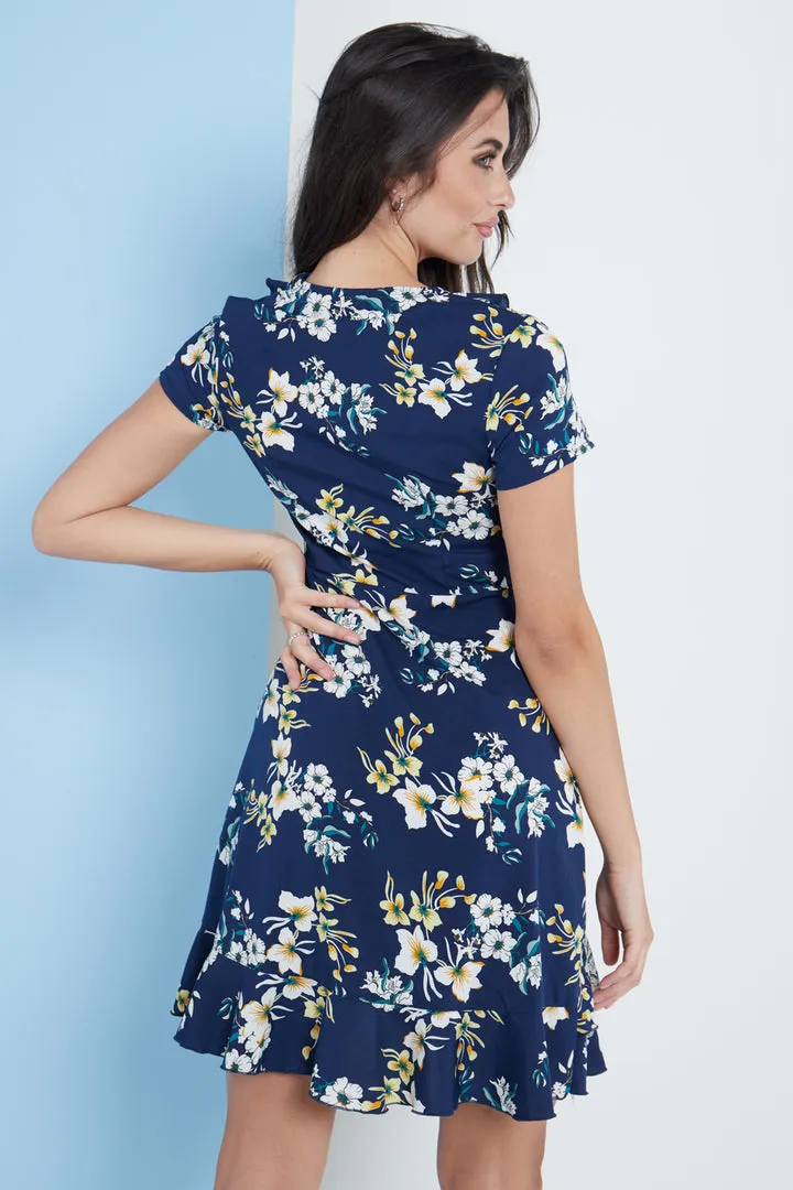 Lilura London Navy Blue Floral Wrap Frill Dress