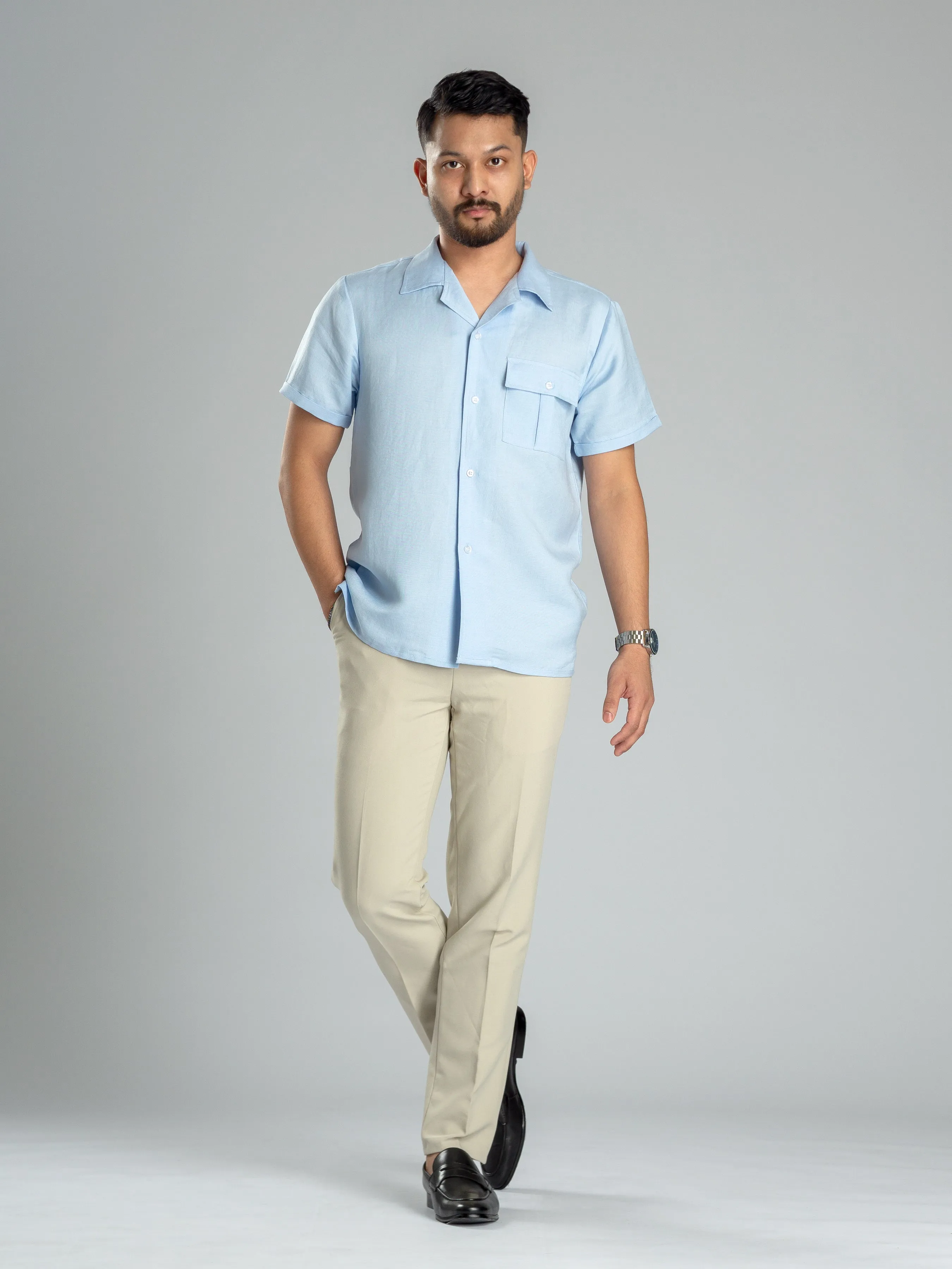 Linen Cuban Collar Shirt - Light Blue