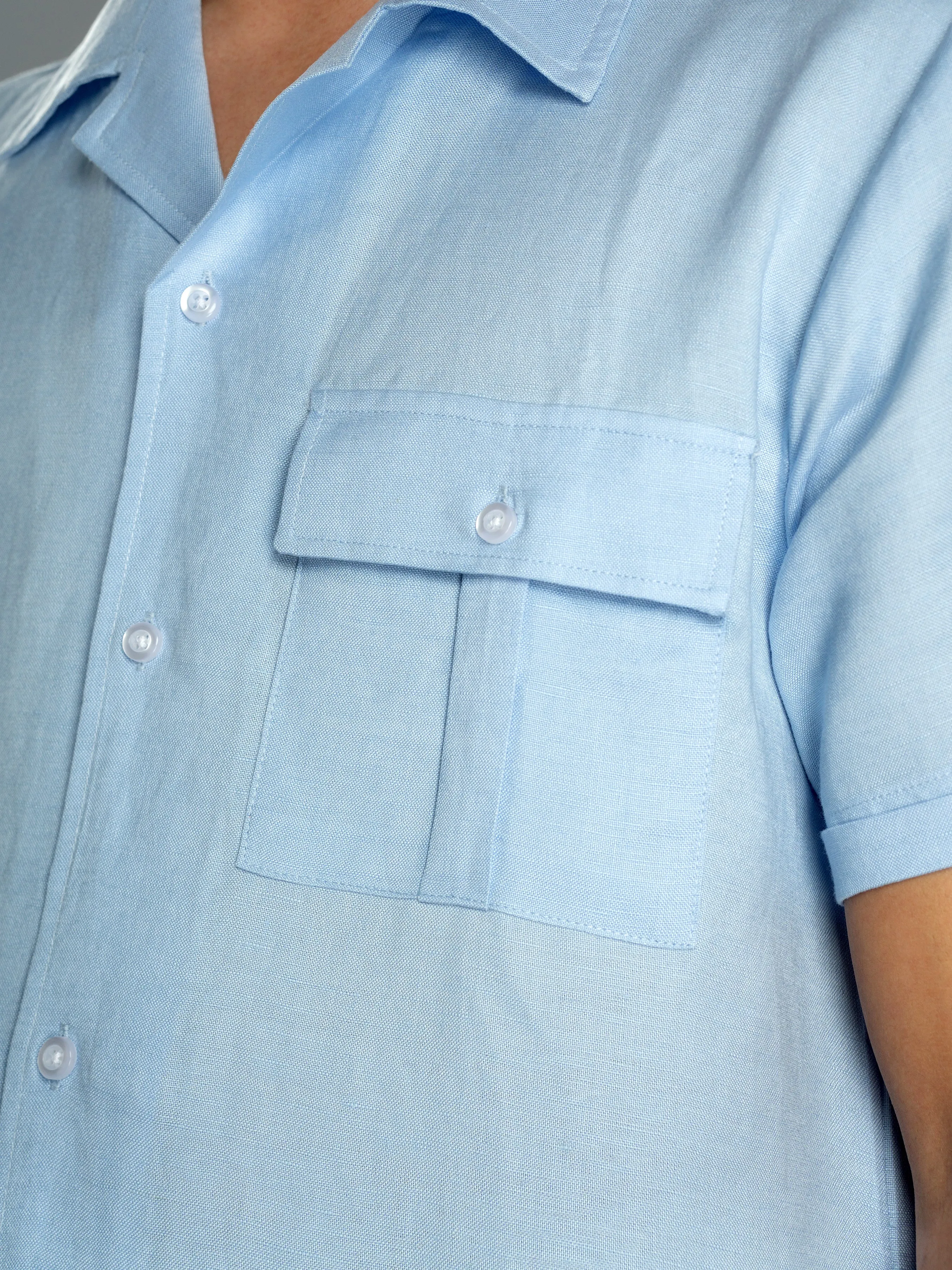 Linen Cuban Collar Shirt - Light Blue